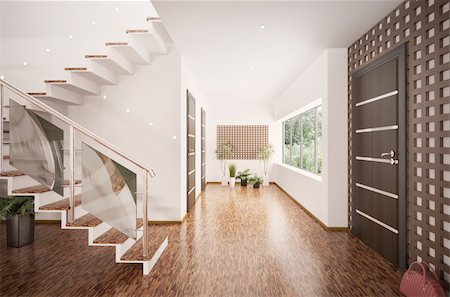 entrance modern house - Interior of modern entrance hall with staircase 3d render Stock Photo - Budget Royalty-Free & Subscription, Code: 400-04285005