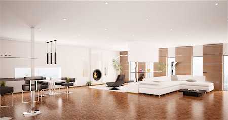 Interior of modern apartment living room panorama 3d render Stock Photo - Budget Royalty-Free & Subscription, Code: 400-04285006