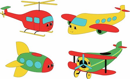 Four air transport representatives - rocket, helicopter and two airplanes - drawn in child style with faces. Stock Photo - Budget Royalty-Free & Subscription, Code: 400-04285064