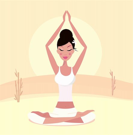 Asia woman with black hair practicing meditation. Stylized vector Illustration in retro style Stock Photo - Budget Royalty-Free & Subscription, Code: 400-04285773
