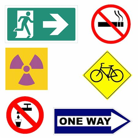 simsearch:400-05100151,k - Signs including way out fire exit, no smoking, caution radiation area, bike lane, one way Photographie de stock - Aubaine LD & Abonnement, Code: 400-04285796