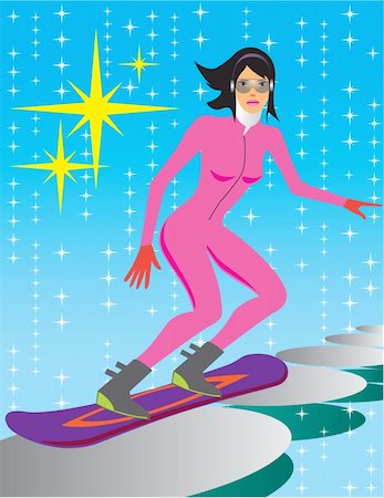 ski cartoon color - ski and snowboard background with woman -vector illustration Stock Photo - Budget Royalty-Free & Subscription, Code: 400-04285885