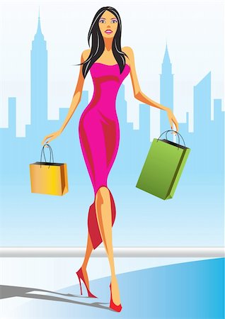 fashion shopping girls with shopping bag in New York - vector illustration Stock Photo - Budget Royalty-Free & Subscription, Code: 400-04285944