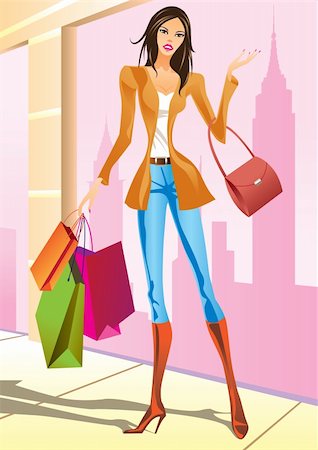 fashion shopping girls with shopping bag in New York - vector illustration Stock Photo - Budget Royalty-Free & Subscription, Code: 400-04286108