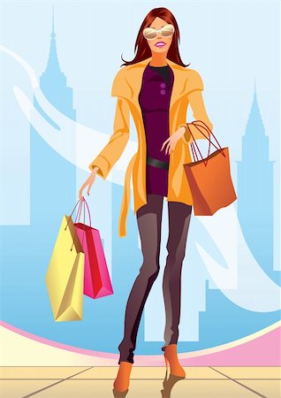 fashion shopping girl with shopping bag in New York- vector illustration Stock Photo - Budget Royalty-Free & Subscription, Code: 400-04286120