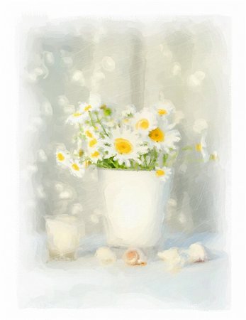 daisies in vase - Digital watercolor of white daisies and seashells with white lace Stock Photo - Budget Royalty-Free & Subscription, Code: 400-04286325