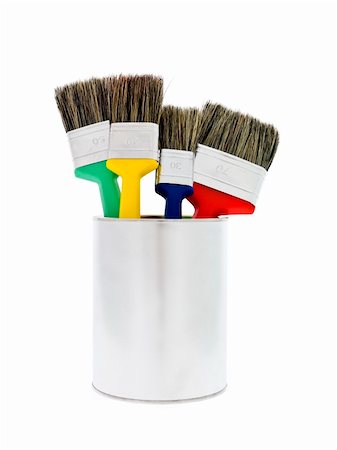 Paint can with colored brushes isolated on white background Stock Photo - Budget Royalty-Free & Subscription, Code: 400-04286785