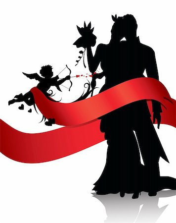 Silhouettes of couple and cupid with red banner isolated on white background.You can find similar images in portfolio Foto de stock - Royalty-Free Super Valor e Assinatura, Número: 400-04287364