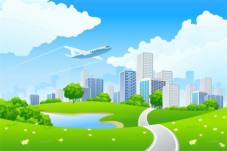 simsearch:400-08045697,k - Green City Landscape with road lake and flowers Fotografie stock - Microstock e Abbonamento, Codice: 400-04287658