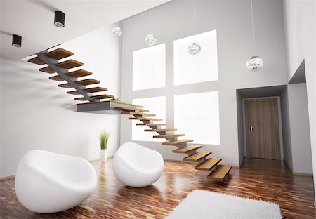 Modern interior with white armchairs and wooden staircase 3d render Stock Photo - Budget Royalty-Free & Subscription, Code: 400-04287807