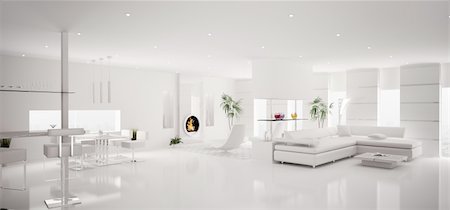 Interior of modern white apartment living dining room panorama 3d render Stock Photo - Budget Royalty-Free & Subscription, Code: 400-04287827