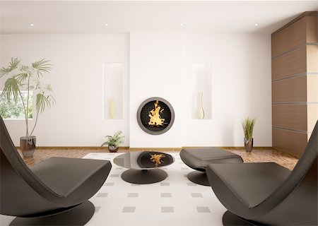 simsearch:400-06075405,k - Modern interior of living room with fireplace and two black armchairs 3d render Stock Photo - Budget Royalty-Free & Subscription, Code: 400-04287839