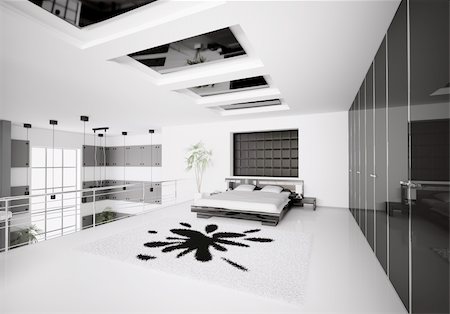Interior of modern white black bedroom 3d render Stock Photo - Budget Royalty-Free & Subscription, Code: 400-04287899