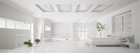Interior of white bedroom panorama 3d render Stock Photo - Budget Royalty-Free & Subscription, Code: 400-04287905