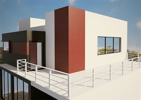Modern private house exterior 3d render Stock Photo - Budget Royalty-Free & Subscription, Code: 400-04287934