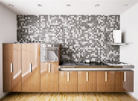 simsearch:400-04494971,k - Interior of modern kitchen made with ebony wood over mosaic wall 3d render Stock Photo - Budget Royalty-Free & Subscription, Code: 400-04287944