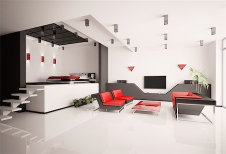 simsearch:400-04304960,k - Modern apartment with living room and bedroom interior 3d Foto de stock - Super Valor sin royalties y Suscripción, Código: 400-04287969