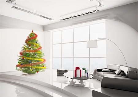 Christmas fir tree with decorations in modern living room interior 3d render Stock Photo - Budget Royalty-Free & Subscription, Code: 400-04287977