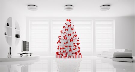 Christmas tree with red decorations in living room interior 3d render Stock Photo - Budget Royalty-Free & Subscription, Code: 400-04287973