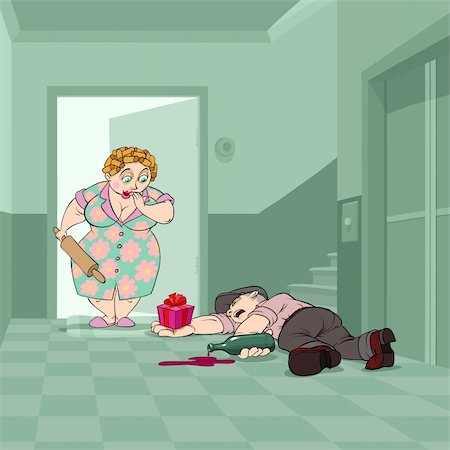 simsearch:400-04274234,k - At Valentine's Day a very drunk husband tries to present a gift to his wife, but falls near their flat earlier than she open the door. Photographie de stock - Aubaine LD & Abonnement, Code: 400-04288435