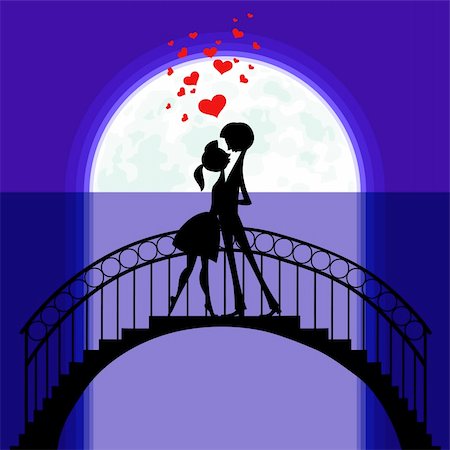 simsearch:400-04243019,k - Silhouettes on the Moon of two lovers staying on a bridge and flying hearts over them. Photographie de stock - Aubaine LD & Abonnement, Code: 400-04288438