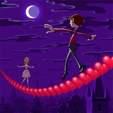simsearch:400-04243019,k - At Valentine's night a balancing boy and girl goes toward each other on row of red hearts hanging over the town. Photographie de stock - Aubaine LD & Abonnement, Code: 400-04288433