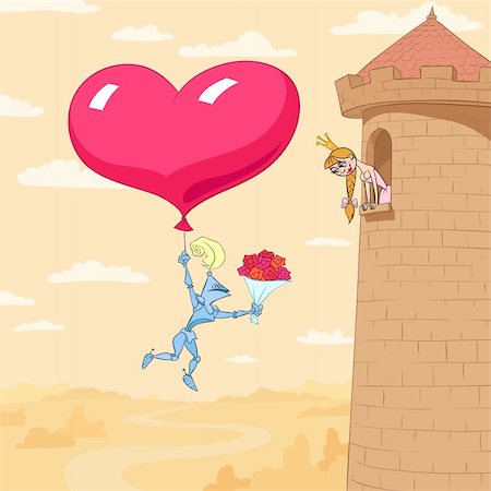 funny people on a roof - At Valentine's Day a knight flies on a heart shaped balloon to present a flower to princess Foto de stock - Super Valor sin royalties y Suscripción, Código: 400-04288441