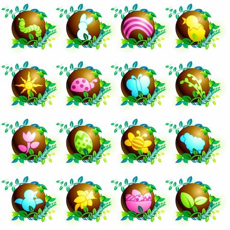 simsearch:400-04295091,k - 16 brightly colored spring and easter icons. Graphics are grouped and in several layers for easy editing. The file can be scaled to any size. Photographie de stock - Aubaine LD & Abonnement, Code: 400-04288702