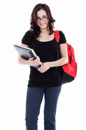 student backpack glasses - Stock image of young woman student over white background Stock Photo - Budget Royalty-Free & Subscription, Code: 400-04289014