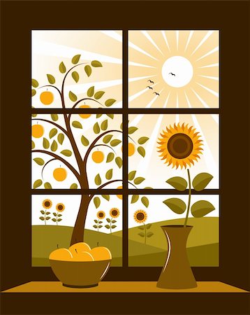 vector summer rural landscape outside window, Adobe Illustrator 8 format Stock Photo - Budget Royalty-Free & Subscription, Code: 400-04289335