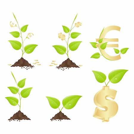 dollar sign with plants - Young trees with leaves in the form of dollars and euros. Vector illustration, isolated on a white. Stock Photo - Budget Royalty-Free & Subscription, Code: 400-04289733