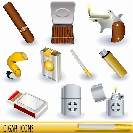 A collection of cigars, cigarettes and cigarette lighters, color illustrations isolated on white background. Stock Photo - Budget Royalty-Free & Subscription, Code: 400-04280016