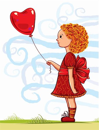 simsearch:400-06950074,k - Small girl with heart shaped balloon, heart on the rope, child illustration Photographie de stock - Aubaine LD & Abonnement, Code: 400-04280159