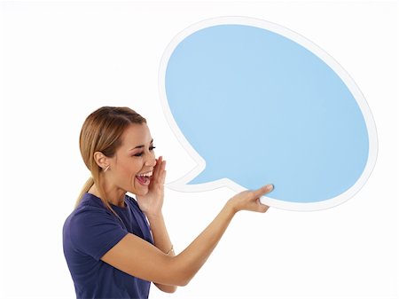 simsearch:400-06203150,k - mid adult woman screaming in blank speech bubble on white background. Horizontal shape, side view, waist up, copy space Fotografie stock - Microstock e Abbonamento, Codice: 400-04280175