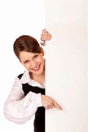 reports white background - Young happy business woman holds blank advertisement board. Isolated on white background. Stock Photo - Budget Royalty-Free & Subscription, Code: 400-04280467