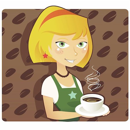 Vector Illustration of a cute female coffee shop barista serving a steaming drink. Background is a pattern of coffee beans. Stock Photo - Budget Royalty-Free & Subscription, Code: 400-04280560