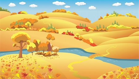 Autumn Landscape, trees and hills and the river on the plain, vector illustration Stock Photo - Budget Royalty-Free & Subscription, Code: 400-04280815