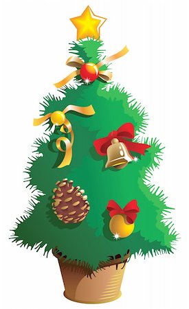 fun plant clip art - Small Christmas tree in a bucket, decorated with star, balls, bell, cone; vector illustration Stock Photo - Budget Royalty-Free & Subscription, Code: 400-04280828