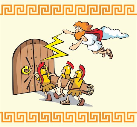 siege - Scene from Trojan war, Greek warriors breaking the gates, one of the Gods helps them, cartoon vector illustration Stock Photo - Budget Royalty-Free & Subscription, Code: 400-04280839