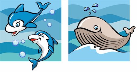 Dolphins and whale against a backdrop of the sea waves, set of two cartoon pictures, vector illustration Stock Photo - Budget Royalty-Free & Subscription, Code: 400-04280845