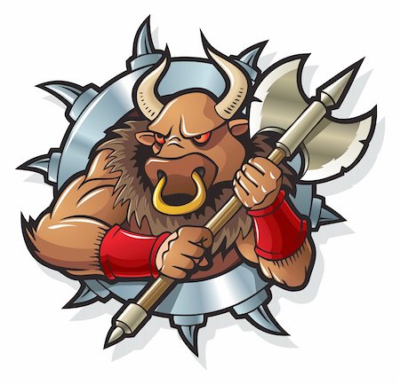 Minotaur, mythical creature, living in Crete Labyrinth, against a backdrop of metal blade wheel or frame, vector illustration Stock Photo - Budget Royalty-Free & Subscription, Code: 400-04280852