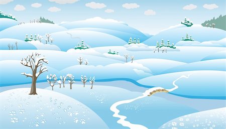 Cartoon winter Landscape, hills, trees and the river on the plain, snow-covered, vector illustration Stock Photo - Budget Royalty-Free & Subscription, Code: 400-04280892