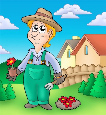 simsearch:400-04439731,k - Gardener planting red flowers - color illustration. Photographie de stock - Aubaine LD & Abonnement, Code: 400-04281177
