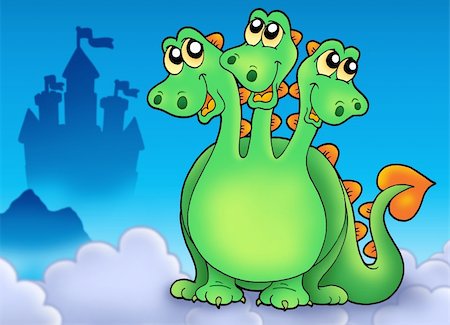 simsearch:400-04236811,k - Green three headed dragon on sky - color illustration. Photographie de stock - Aubaine LD & Abonnement, Code: 400-04281184