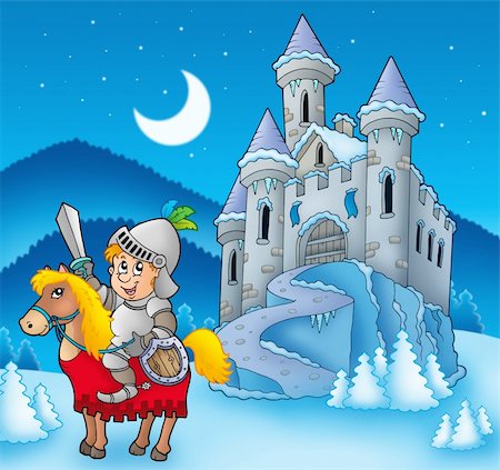 Knight on horse with winter castle - color illustration. Stock Photo - Budget Royalty-Free & Subscription, Code: 400-04281189