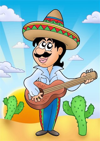 Mexican musician with sunset - color illustration. Stock Photo - Budget Royalty-Free & Subscription, Code: 400-04281194
