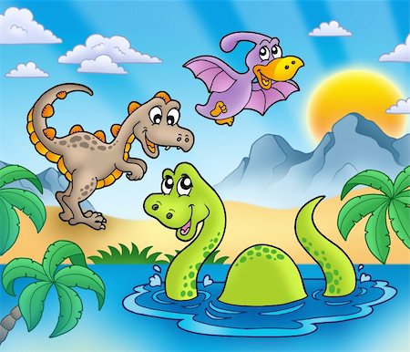 prehistoric cartoon trees - Landscape with dinosaurs 1 - color illustration. Stock Photo - Budget Royalty-Free & Subscription, Code: 400-04281190