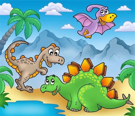simsearch:400-08161528,k - Landscape with dinosaurs 2 - color illustration. Foto de stock - Royalty-Free Super Valor e Assinatura, Número: 400-04281191