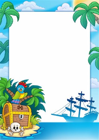 pic palm tree beach big island - Pirate frame with treasure island - color illustration. Photographie de stock - Aubaine LD & Abonnement, Code: 400-04281205