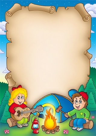 Old parchment with camping kids - color illustration. Stock Photo - Budget Royalty-Free & Subscription, Code: 400-04281200